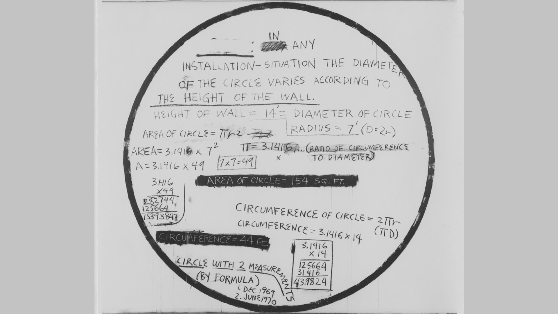 Photo en noir et blanc de l'oeuvre de Mel Bochner, Measurement Series: By Formula (CIRCLE). Un cercle noir entoure des formules, des annotations et des calculs.