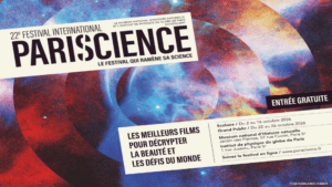 Affiche avec un visuel abstrait coloré.